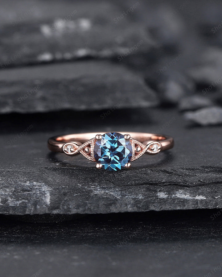 Vintage Round Shape Alexandrite Engagement Ring, Unique Alexandrite Wedding Ring, Dainty Alexandrite Promise Ring Gift, June Birthstone - ShainJewelry