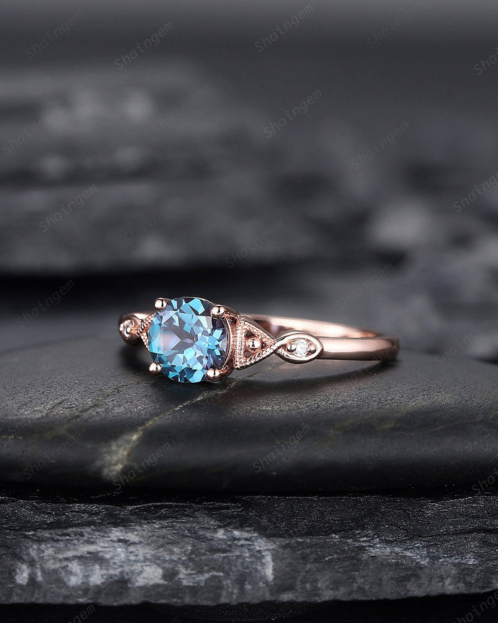 Vintage Round Shape Alexandrite Engagement Ring, Unique Alexandrite Wedding Ring, Dainty Alexandrite Promise Ring Gift, June Birthstone - ShainJewelry