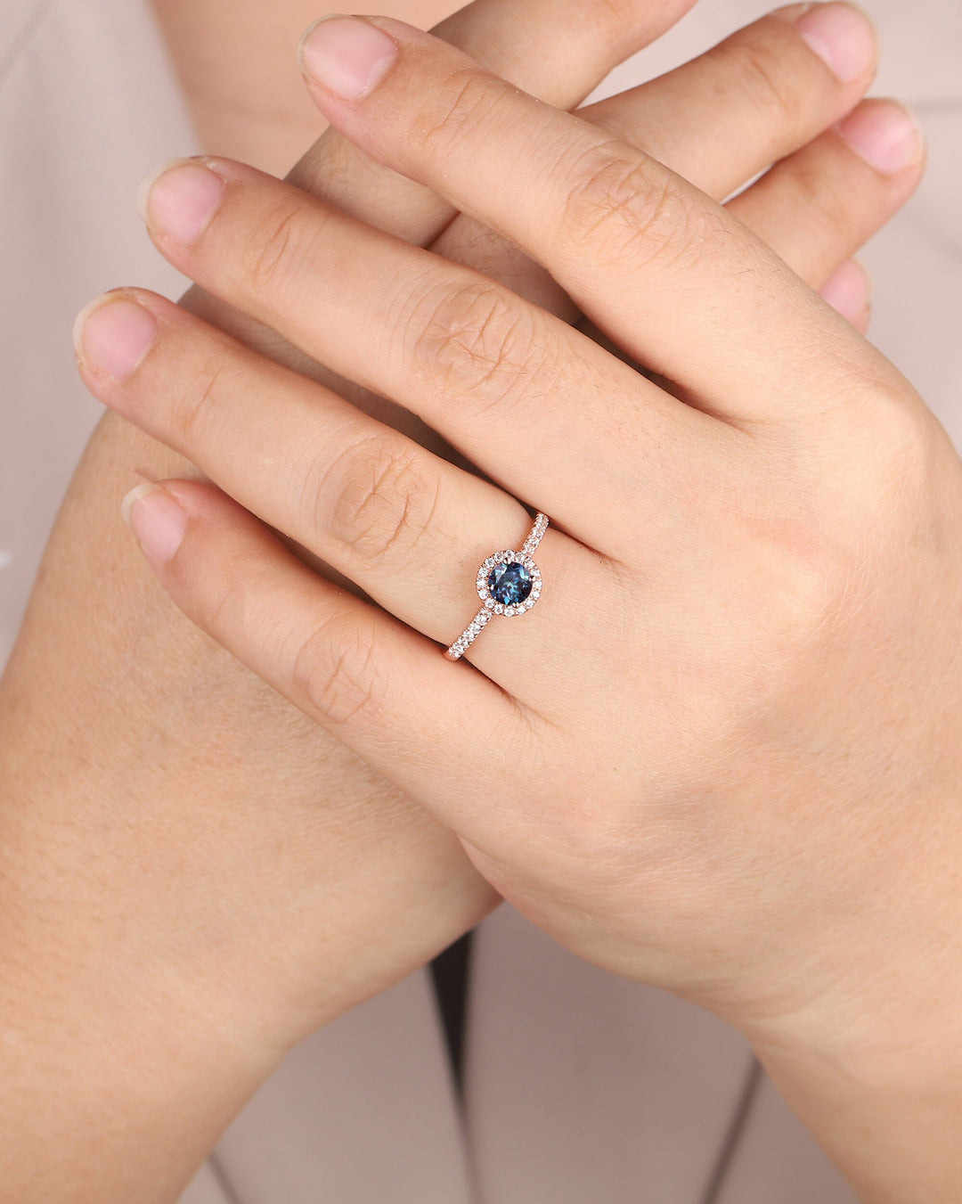 Dainty Round Shape Alexandrite Engagement Ring, Alexandrite Halo Wedding Ring, Half Eternity Alexandrite Promise Ring Gift, June Birthstone - ShainJewelry