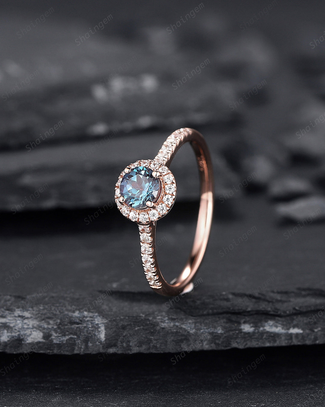 Dainty Round Shape Alexandrite Engagement Ring, Alexandrite Halo Wedding Ring, Half Eternity Alexandrite Promise Ring Gift, June Birthstone - ShainJewelry