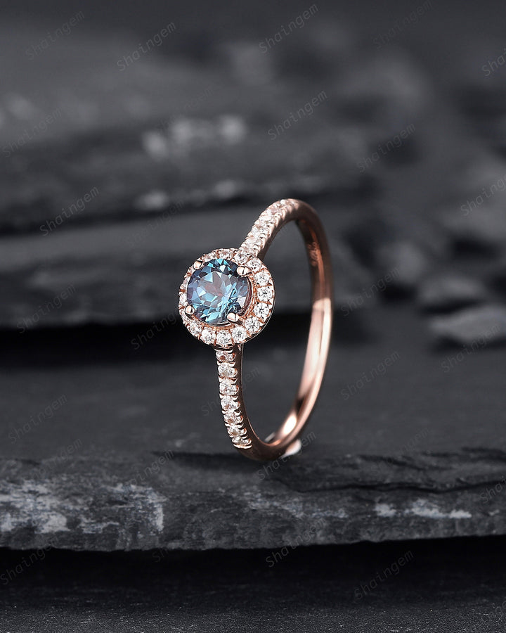 Dainty Round Shape Alexandrite Engagement Ring, Alexandrite Halo Wedding Ring, Half Eternity Alexandrite Promise Ring Gift, June Birthstone - ShainJewelry