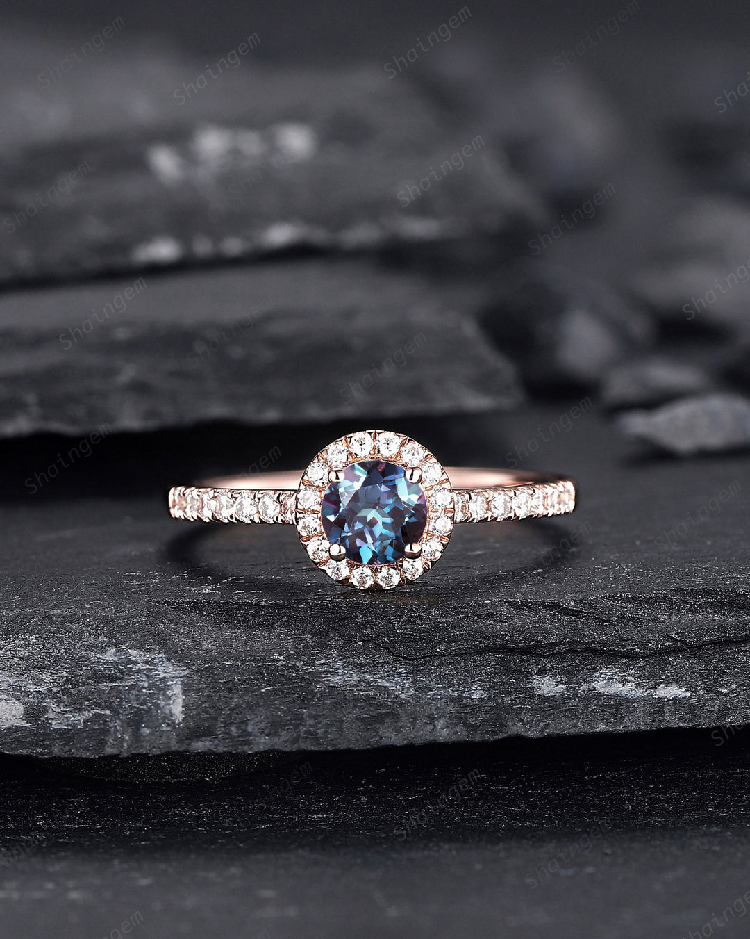 Dainty Round Shape Alexandrite Engagement Ring, Alexandrite Halo Wedding Ring, Half Eternity Alexandrite Promise Ring Gift, June Birthstone - ShainJewelry