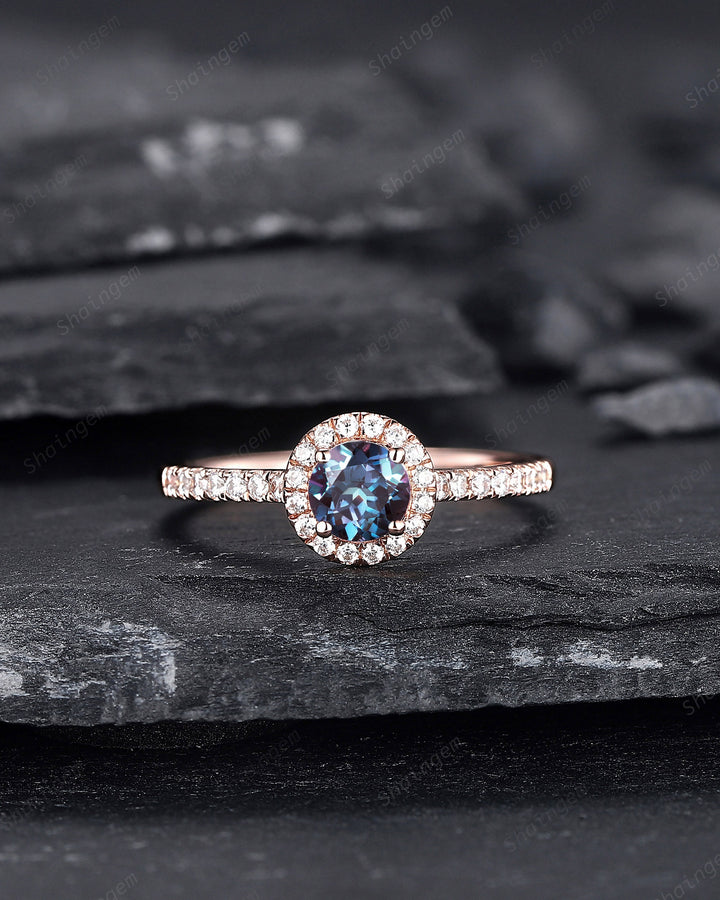 Dainty Round Shape Alexandrite Engagement Ring, Alexandrite Halo Wedding Ring, Half Eternity Alexandrite Promise Ring Gift, June Birthstone - ShainJewelry