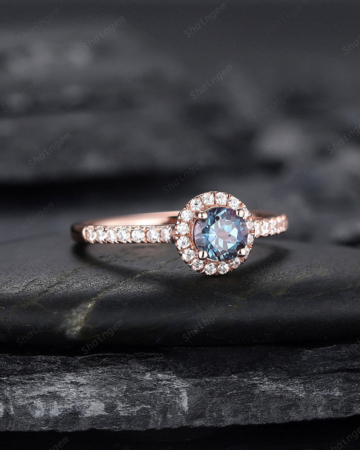 Dainty Round Shape Alexandrite Engagement Ring, Alexandrite Halo Wedding Ring, Half Eternity Alexandrite Promise Ring Gift, June Birthstone - ShainJewelry