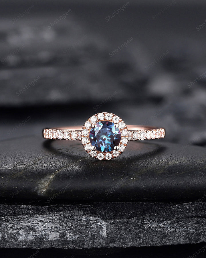 Dainty Round Shape Alexandrite Engagement Ring, Alexandrite Halo Wedding Ring, Half Eternity Alexandrite Promise Ring Gift, June Birthstone - ShainJewelry