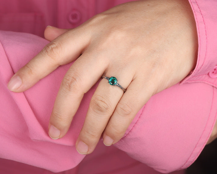 Dainty Black Gold Emerald Engagement Ring, Rhodium Black Bridal Ring, Black Promise Ring, Round Shape Emerald Gothic Black Wedding Ring Gift - ShainJewelry