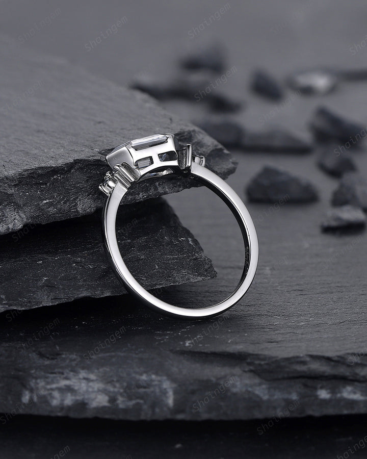 Black Gold Long Hexagon Gray Moissanite Engagement Ring, Unique Cluster Wedding Ring, Rhodium Black Anniversary Promise Ring Gift for Women - ShainJewelry