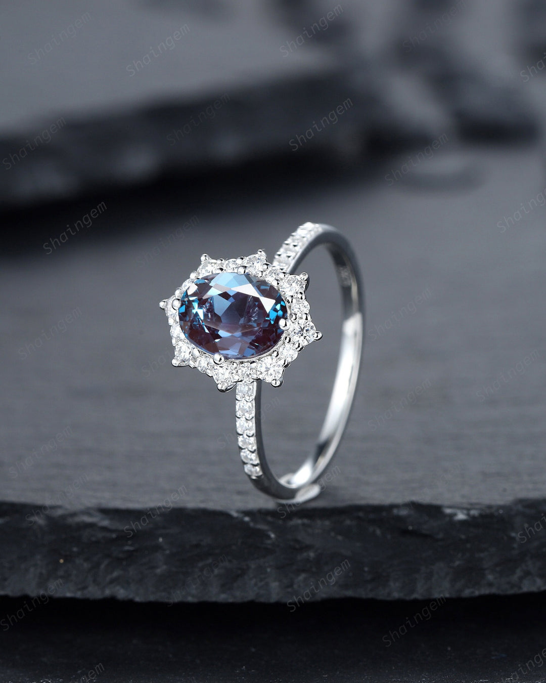 Vintage Oval Shape Alexandrite Engagement Ring, Unique 14K White Gold Floral Halo Wedding Promise Ring, Alexandrite Anniversary Ring Gift - ShainJewelry
