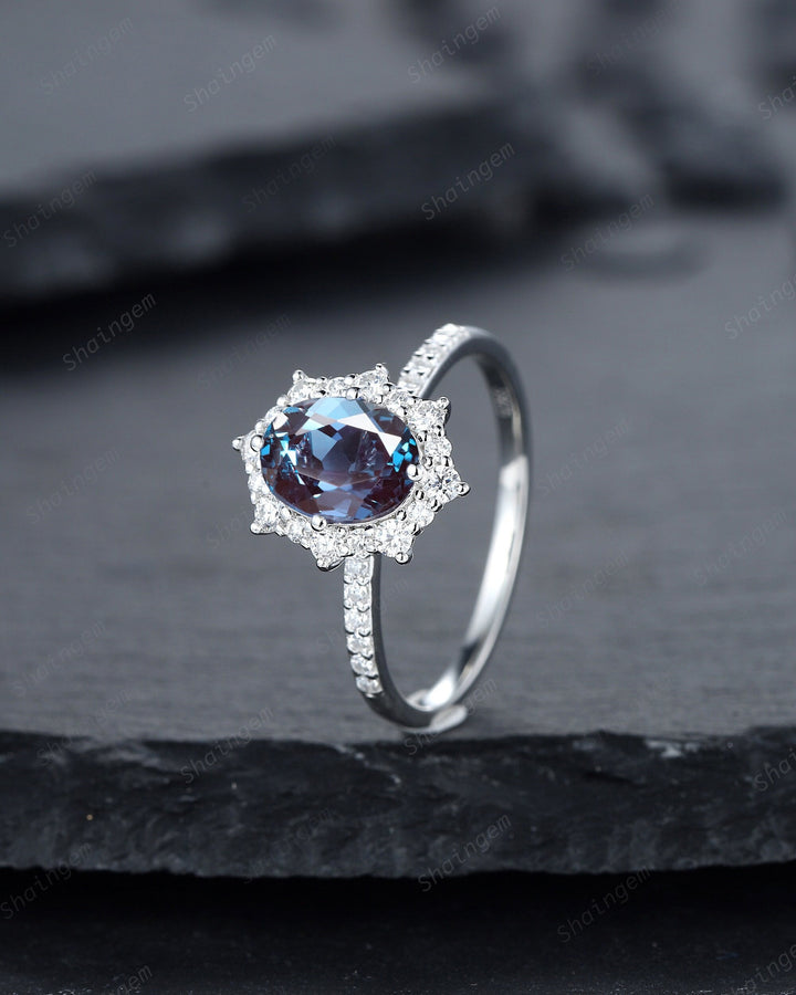 Vintage Oval Shape Alexandrite Engagement Ring, Unique 14K White Gold Floral Halo Wedding Promise Ring, Alexandrite Anniversary Ring Gift - ShainJewelry