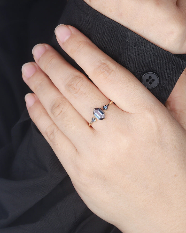 Vintage Long Hexagon Alexandrite Engagement Ring, White Gold Kite Alexandrite Wedding Ring, Geometric Anniversary Promise Ring for Women - ShainJewelry
