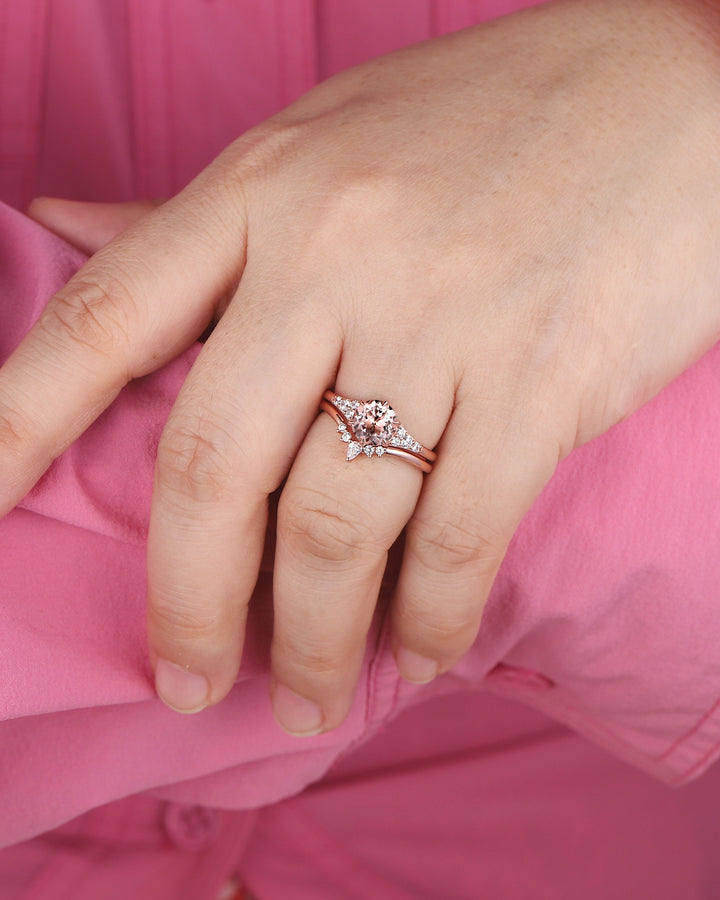 Vintage Round Shape Pink Morganite Engagement Ring Set, Unique 14K Rose Gold Morganite Bridal Set, Art Deco Promise Wedding Anniversary Ring - ShainJewelry