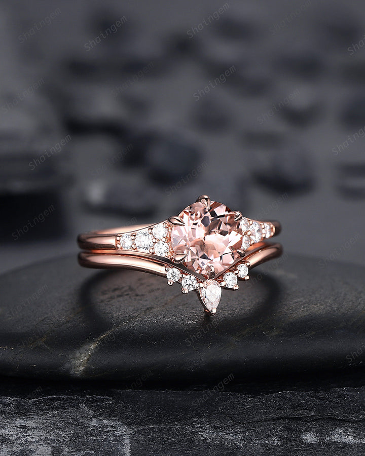 Vintage Round Shape Pink Morganite Engagement Ring Set, Unique 14K Rose Gold Morganite Bridal Set, Art Deco Promise Wedding Anniversary Ring - ShainJewelry