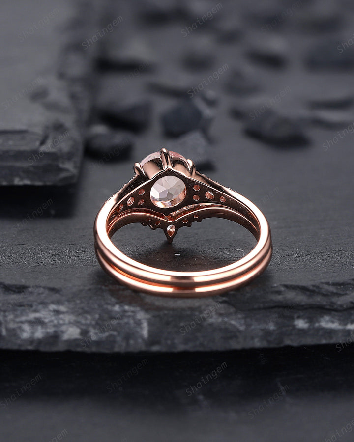 Vintage Round Shape Pink Morganite Engagement Ring Set, Unique 14K Rose Gold Morganite Bridal Set, Art Deco Promise Wedding Anniversary Ring - ShainJewelry