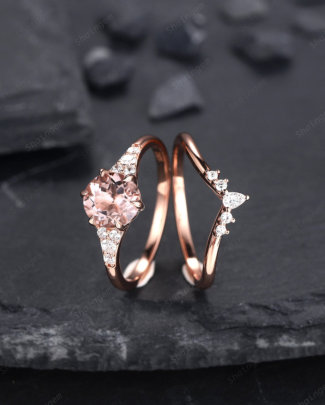 Vintage Round Shape Pink Morganite Engagement Ring Set, Unique 14K Rose Gold Morganite Bridal Set, Art Deco Promise Wedding Anniversary Ring - ShainJewelry