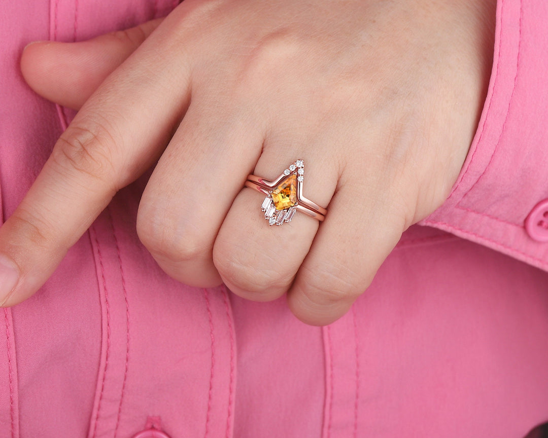 Vintage Kite Cut Citrine Engagement Ring Set, V Shape 14K Rose Gold Citrine Promise Ring, Citrine Bridal Set, Wedding Ring Gift for Women - ShainJewelry