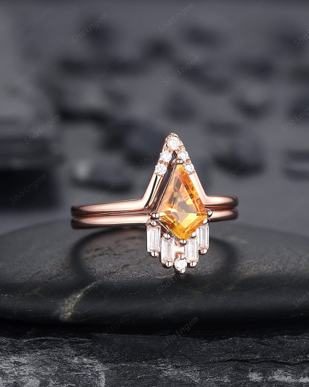 Vintage Kite Cut Citrine Engagement Ring Set, V Shape 14K Rose Gold Citrine Promise Ring, Citrine Bridal Set, Wedding Ring Gift for Women - ShainJewelry