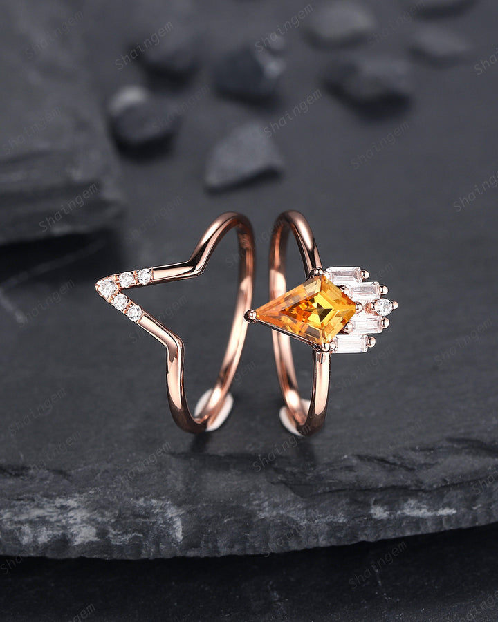 Vintage Kite Cut Citrine Engagement Ring Set, V Shape 14K Rose Gold Citrine Promise Ring, Citrine Bridal Set, Wedding Ring Gift for Women - ShainJewelry