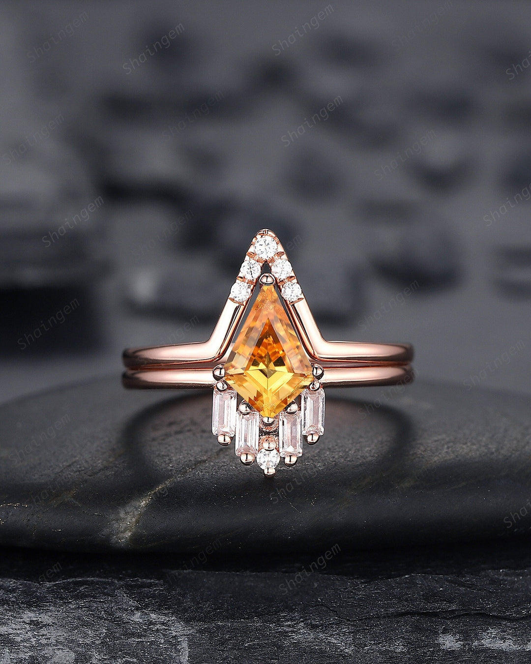 Vintage Kite Cut Citrine Engagement Ring Set, V Shape 14K Rose Gold Citrine Promise Ring, Citrine Bridal Set, Wedding Ring Gift for Women - ShainJewelry