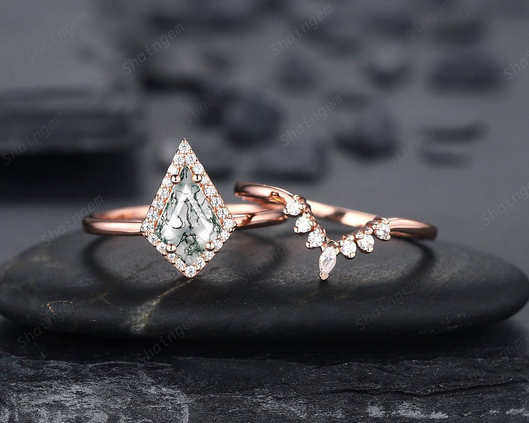 Vintage Kite Cut Moss Agate Engagement Ring Set, V Shape 14K Rose Gold Moss Agate Promise Wedding Ring, Moss Agate Bridal Set Gift for Women - ShainJewelry
