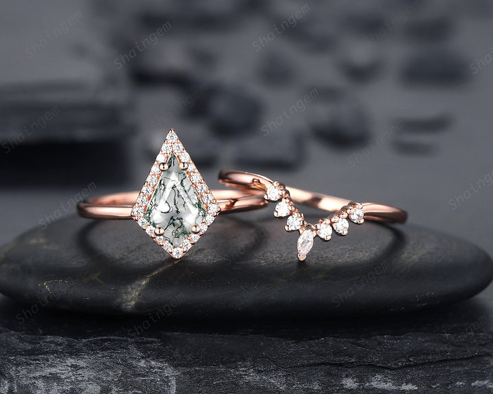 Vintage Kite Cut Moss Agate Engagement Ring Set, V Shape 14K Rose Gold Moss Agate Promise Wedding Ring, Moss Agate Bridal Set Gift for Women - ShainJewelry