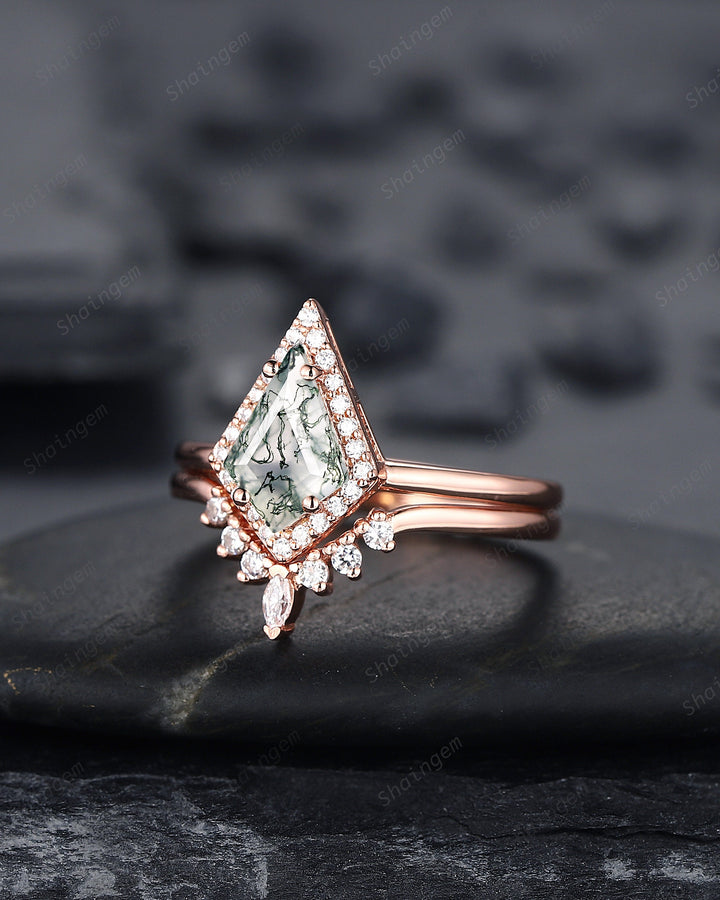 Vintage Kite Cut Moss Agate Engagement Ring Set, V Shape 14K Rose Gold Moss Agate Promise Wedding Ring, Moss Agate Bridal Set Gift for Women - ShainJewelry