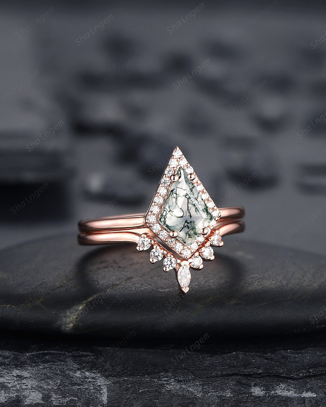 Vintage Kite Cut Moss Agate Engagement Ring Set, V Shape 14K Rose Gold Moss Agate Promise Wedding Ring, Moss Agate Bridal Set Gift for Women - ShainJewelry