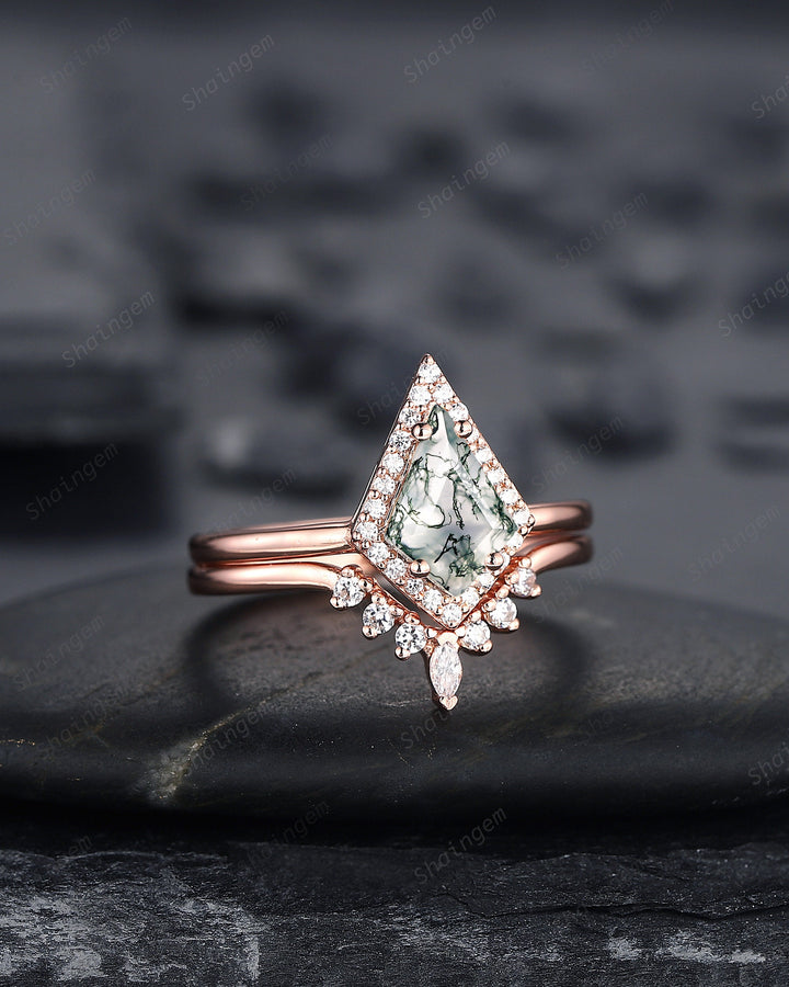 Vintage Kite Cut Moss Agate Engagement Ring Set, V Shape 14K Rose Gold Moss Agate Promise Wedding Ring, Moss Agate Bridal Set Gift for Women - ShainJewelry