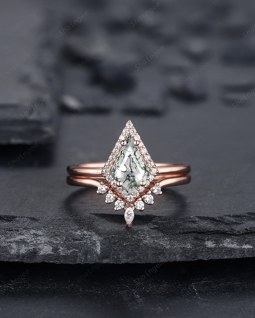 Vintage Kite Cut Moss Agate Engagement Ring Set, V Shape 14K Rose Gold Moss Agate Promise Wedding Ring, Moss Agate Bridal Set Gift for Women - ShainJewelry
