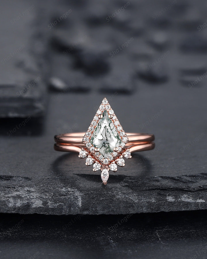 Vintage Kite Cut Moss Agate Engagement Ring Set, V Shape 14K Rose Gold Moss Agate Promise Wedding Ring, Moss Agate Bridal Set Gift for Women - ShainJewelry