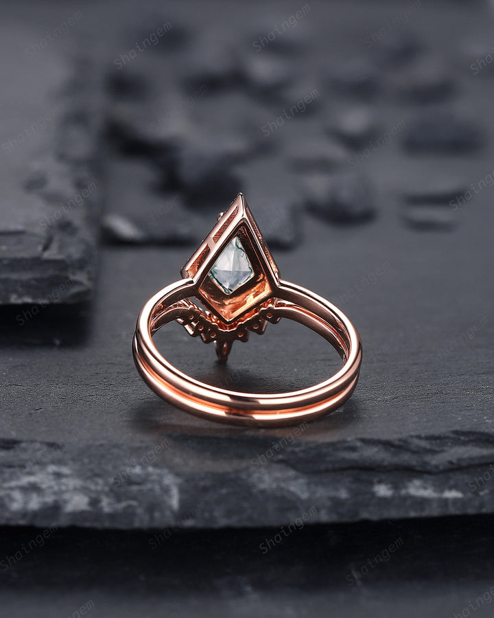 Vintage Kite Cut Moss Agate Engagement Ring Set, V Shape 14K Rose Gold Moss Agate Promise Wedding Ring, Moss Agate Bridal Set Gift for Women - ShainJewelry