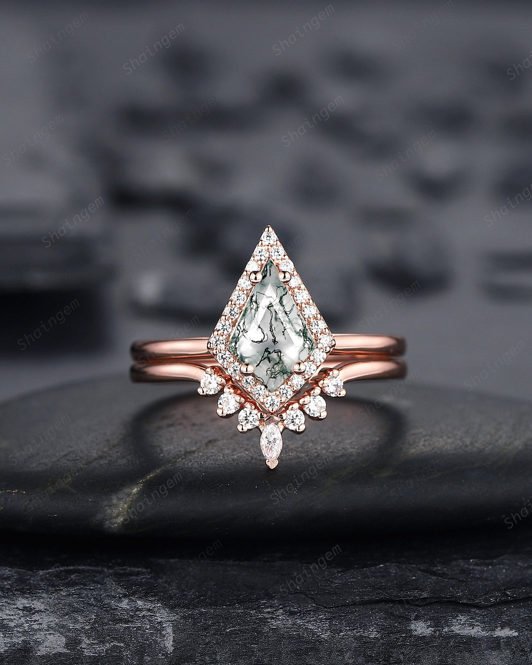 Vintage Kite Cut Moss Agate Engagement Ring Set, V Shape 14K Rose Gold Moss Agate Promise Wedding Ring, Moss Agate Bridal Set Gift for Women - ShainJewelry