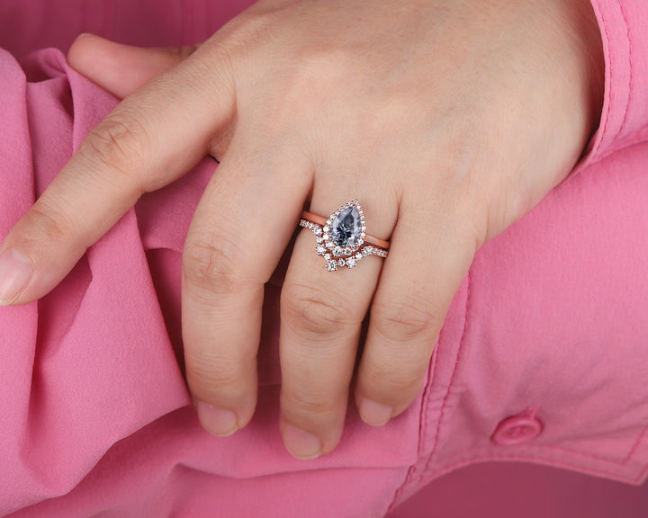 Vintage Pear Shape Gray Moissanite Engagement Ring Set, Unique 14K Rose Gold Grey Moissanite Halo Wedding Set, V Shape Moissanite Bridal Set - ShainJewelry