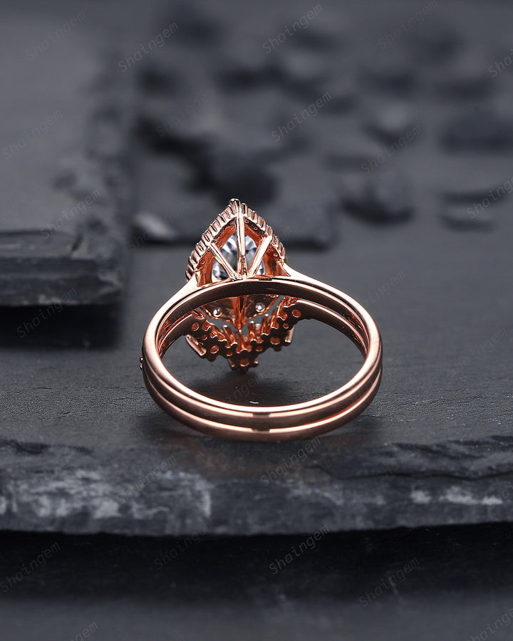 Vintage Pear Shape Gray Moissanite Engagement Ring Set, Unique 14K Rose Gold Grey Moissanite Halo Wedding Set, V Shape Moissanite Bridal Set - ShainJewelry