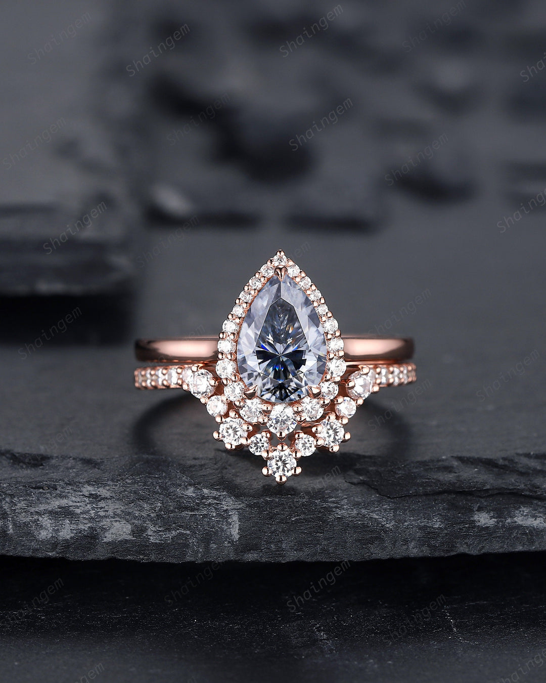 Vintage Pear Shape Gray Moissanite Engagement Ring Set, Unique 14K Rose Gold Grey Moissanite Halo Wedding Set, V Shape Moissanite Bridal Set - ShainJewelry