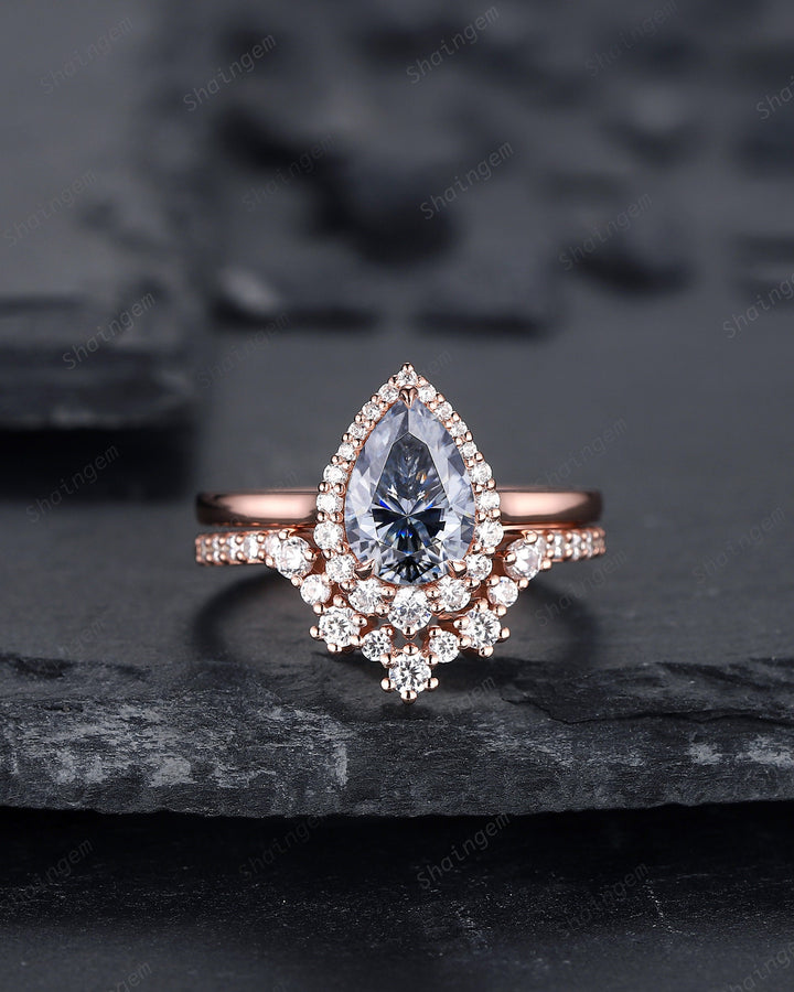 Vintage Pear Shape Gray Moissanite Engagement Ring Set, Unique 14K Rose Gold Grey Moissanite Halo Wedding Set, V Shape Moissanite Bridal Set - ShainJewelry