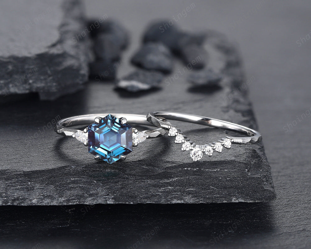 Unique Hammered Alexandrite Engagement Ring Set, Hand Forged 14K 18K White Gold Hexagon Cut Alexandrite Wedding Bridal Set Promise Ring Gift - ShainJewelry