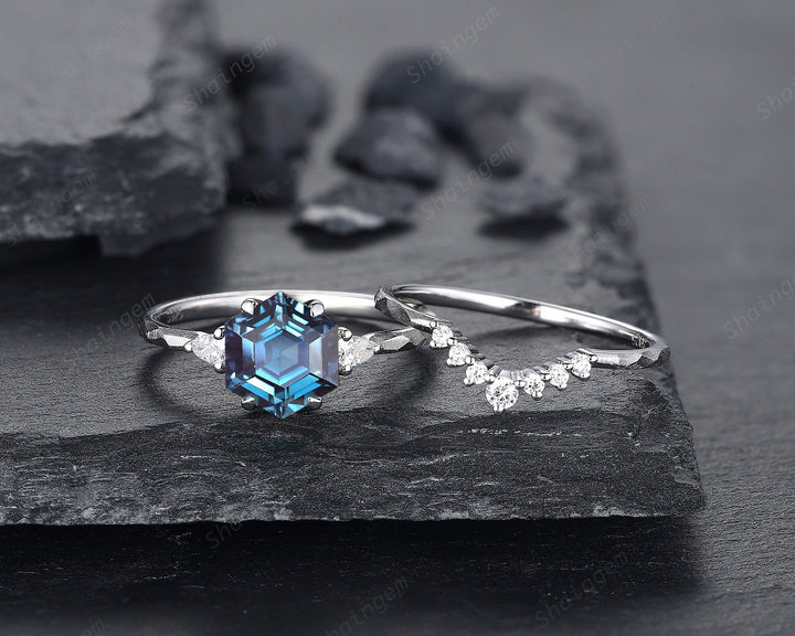 Unique Hammered Alexandrite Engagement Ring Set, Hand Forged 14K 18K White Gold Hexagon Cut Alexandrite Wedding Bridal Set Promise Ring Gift - ShainJewelry
