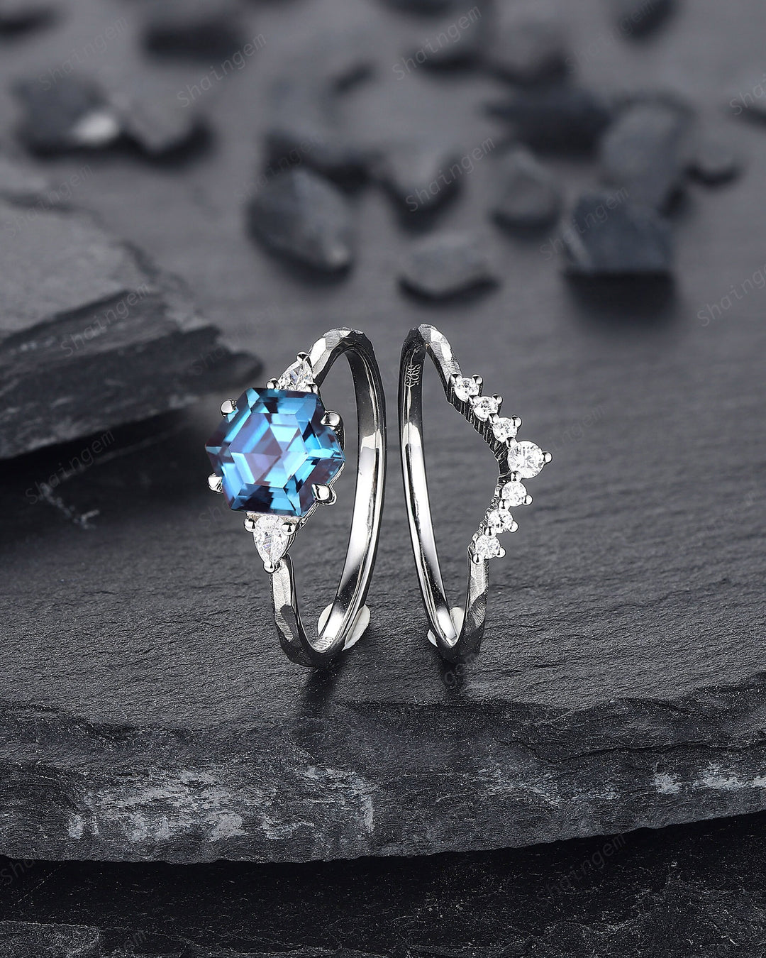 Unique Hammered Alexandrite Engagement Ring Set, Hand Forged 14K 18K White Gold Hexagon Cut Alexandrite Wedding Bridal Set Promise Ring Gift - ShainJewelry