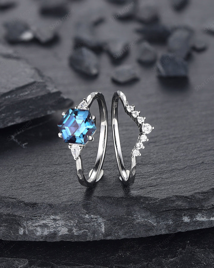 Unique Hammered Alexandrite Engagement Ring Set, Hand Forged 14K 18K White Gold Hexagon Cut Alexandrite Wedding Bridal Set Promise Ring Gift - ShainJewelry