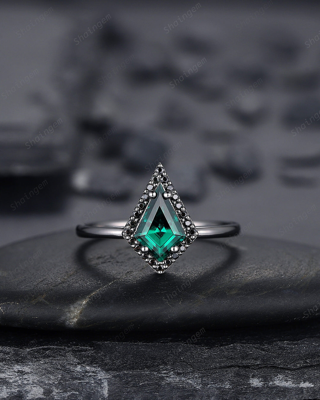 Black Gold Kite Shape Emerald Halo Engagement Ring Set, V Shape Black Promise Ring, Black Wedding Ring Set, Goth Black Bridal Set for Women - ShainJewelry