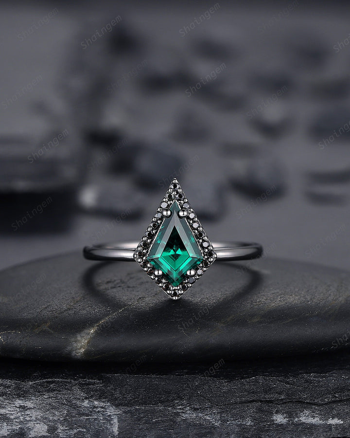 Black Gold Kite Shape Emerald Halo Engagement Ring Set, V Shape Black Promise Ring, Black Wedding Ring Set, Goth Black Bridal Set for Women - ShainJewelry