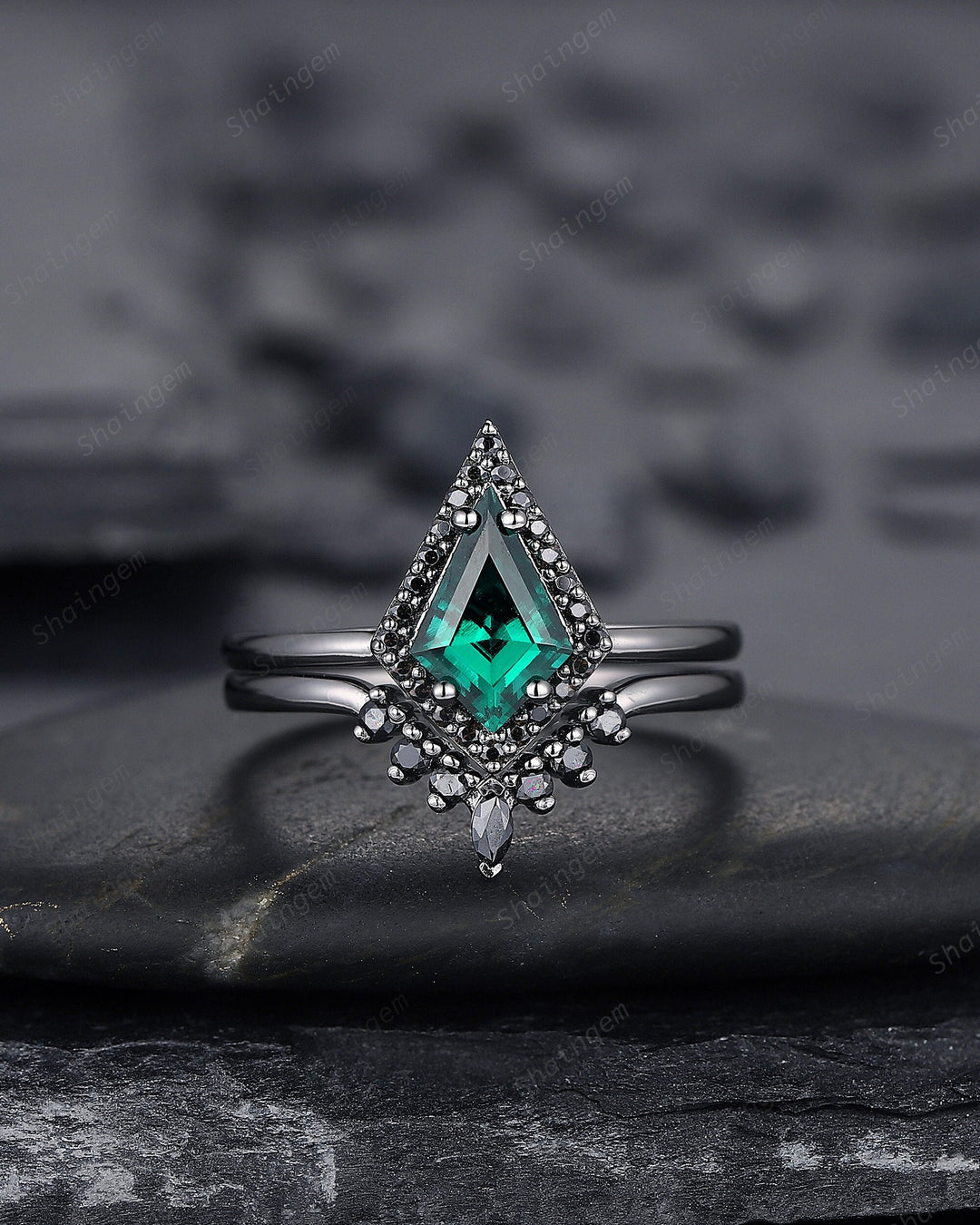 Black Gold Kite Shape Emerald Halo Engagement Ring Set, V Shape Black Promise Ring, Black Wedding Ring Set, Goth Black Bridal Set for Women - ShainJewelry
