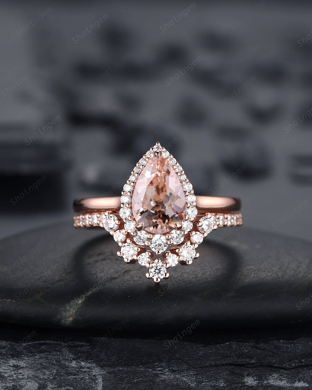 Vintage Pear Shape Pink Morganite Engagement Ring Set, 14K 18K Rose Gold Morganite Halo Wedding Set, V Shape Bridal Set, Curved Ring Set - ShainJewelry