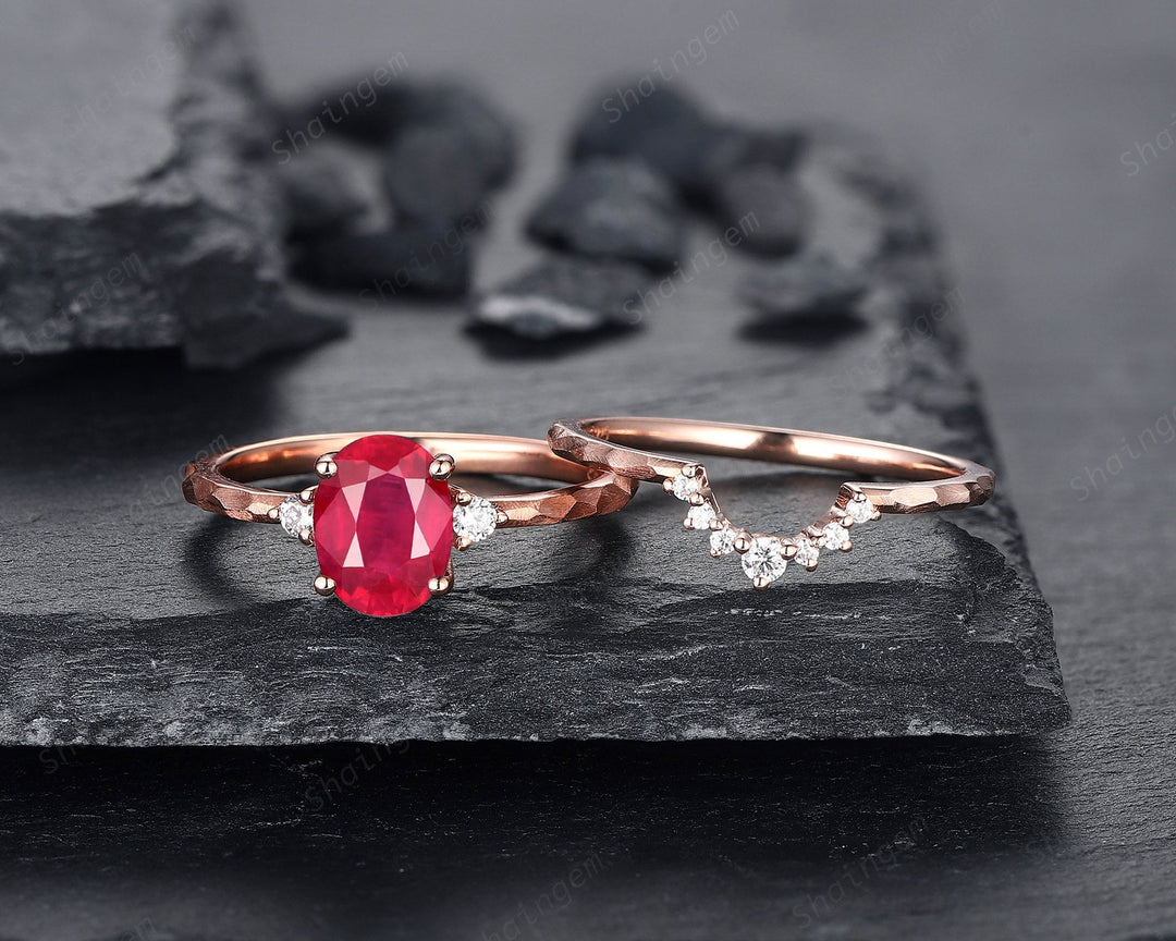 Hammered Natural African Ruby Engagement Ring Set, Hand Forged 14K 18K Rose Gold Oval Shape Ruby Wedding Bridal Set, Ruby Promise Ring Gift - ShainJewelry