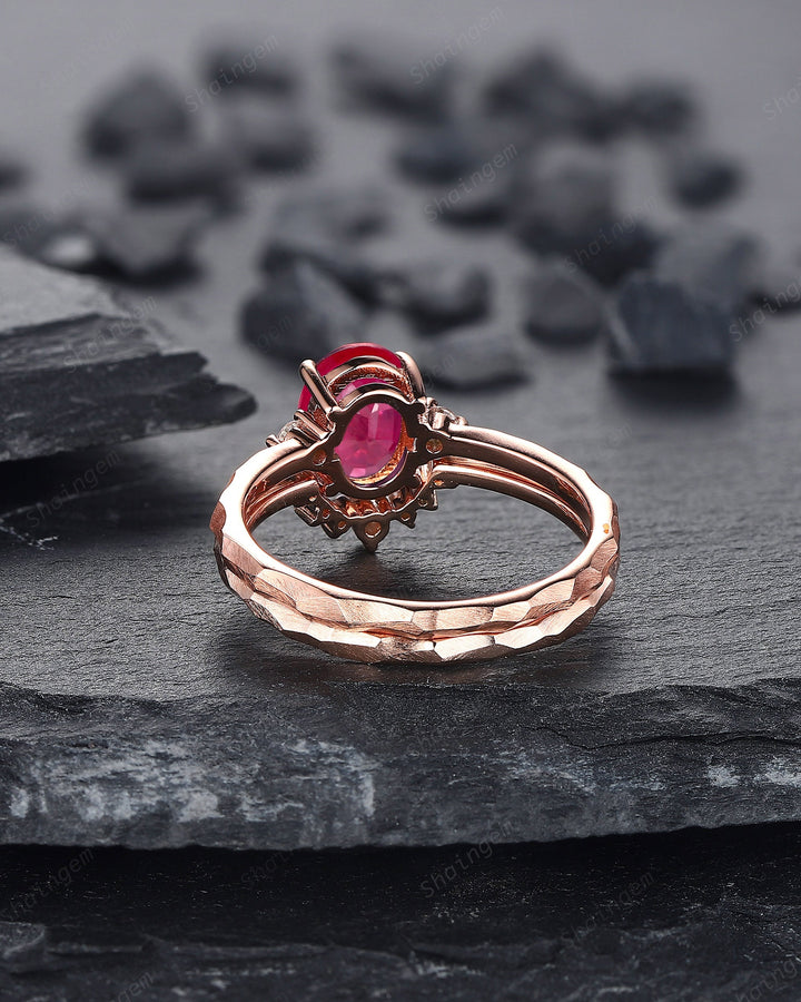 Hammered Natural African Ruby Engagement Ring Set, Hand Forged 14K 18K Rose Gold Oval Shape Ruby Wedding Bridal Set, Ruby Promise Ring Gift - ShainJewelry