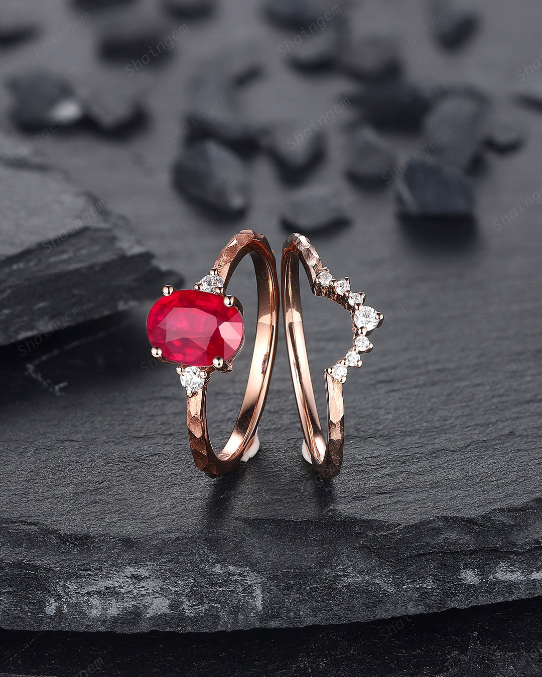 Hammered Natural African Ruby Engagement Ring Set, Hand Forged 14K 18K Rose Gold Oval Shape Ruby Wedding Bridal Set, Ruby Promise Ring Gift - ShainJewelry