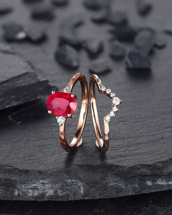 Hammered Natural African Ruby Engagement Ring Set, Hand Forged 14K 18K Rose Gold Oval Shape Ruby Wedding Bridal Set, Ruby Promise Ring Gift - ShainJewelry