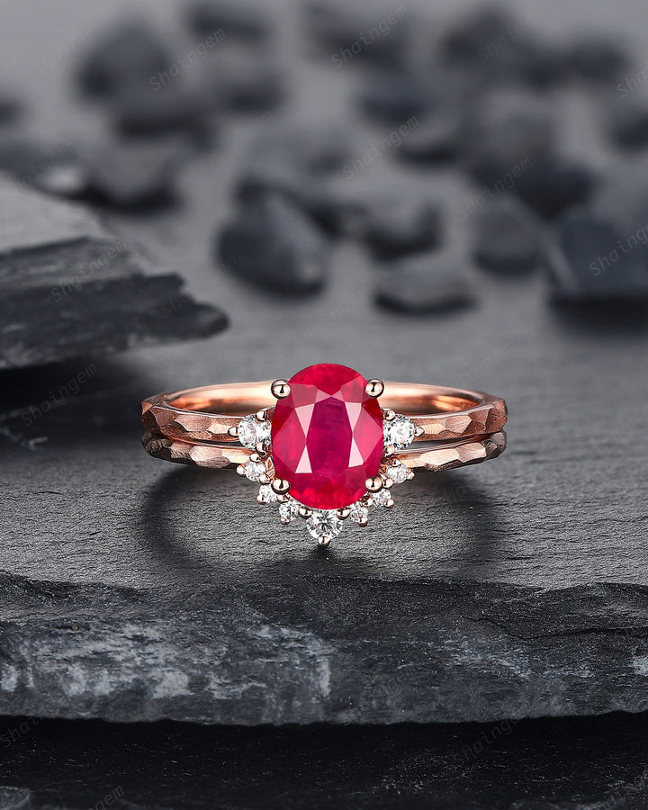 Hammered Natural African Ruby Engagement Ring Set, Hand Forged 14K 18K Rose Gold Oval Shape Ruby Wedding Bridal Set, Ruby Promise Ring Gift - ShainJewelry