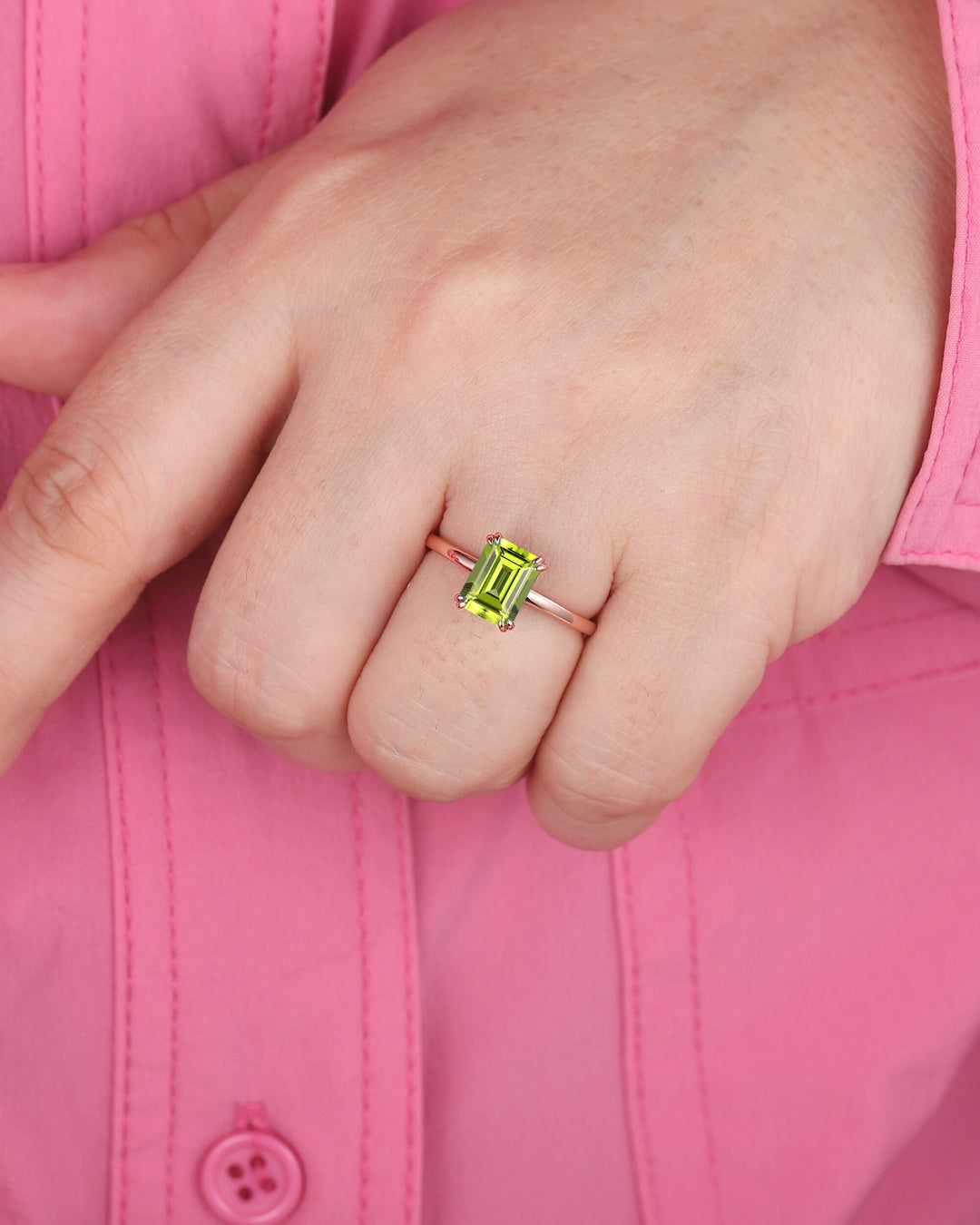Vintage Emerald Cut Peridot Solitaire Engagement Ring, Peridot Promise Ring, Peridot Wedding Ring, Plain Band Rose Gold Ring Gift for Women - ShainJewelry