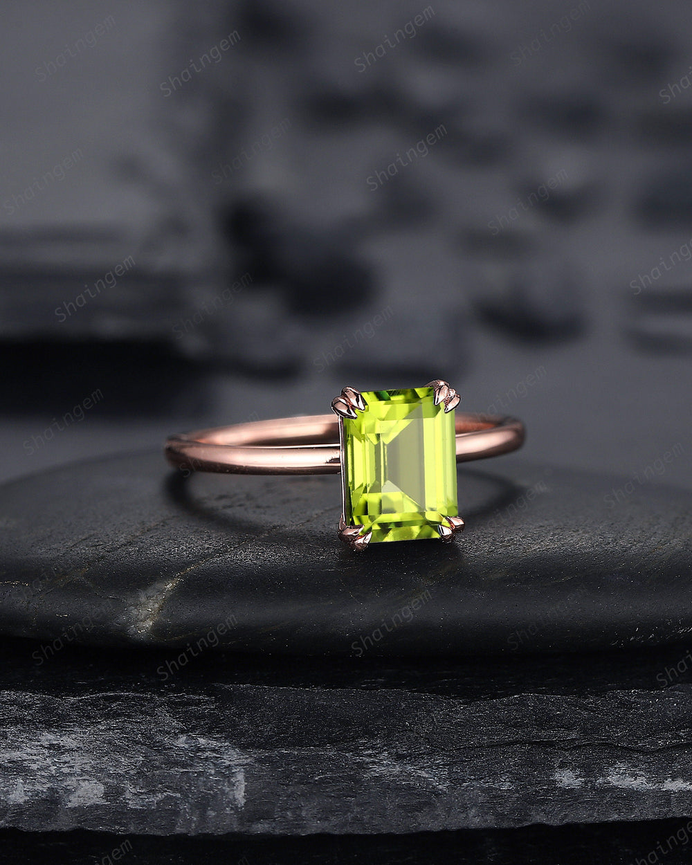 Vintage Emerald Cut Peridot Solitaire Engagement Ring, Peridot Promise Ring, Peridot Wedding Ring, Plain Band Rose Gold Ring Gift for Women - ShainJewelry